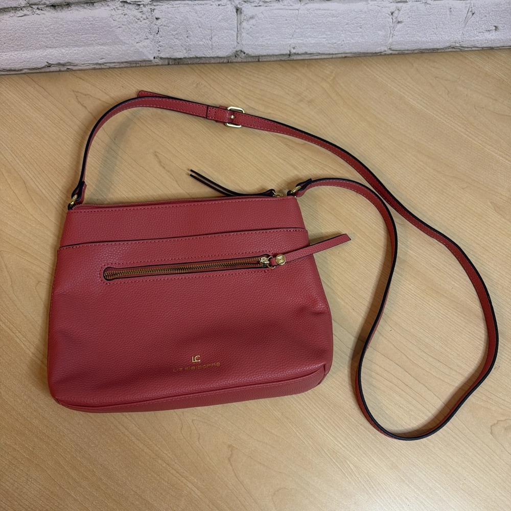 Liz Claiborne Crossbody Bag Pink Coral Faux Leather Zipper Pocket Shoulder Purse